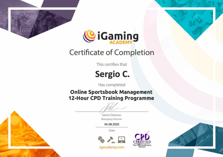 Sergio's iGaming Academy Certificate (Online Sportsbook Management) popup