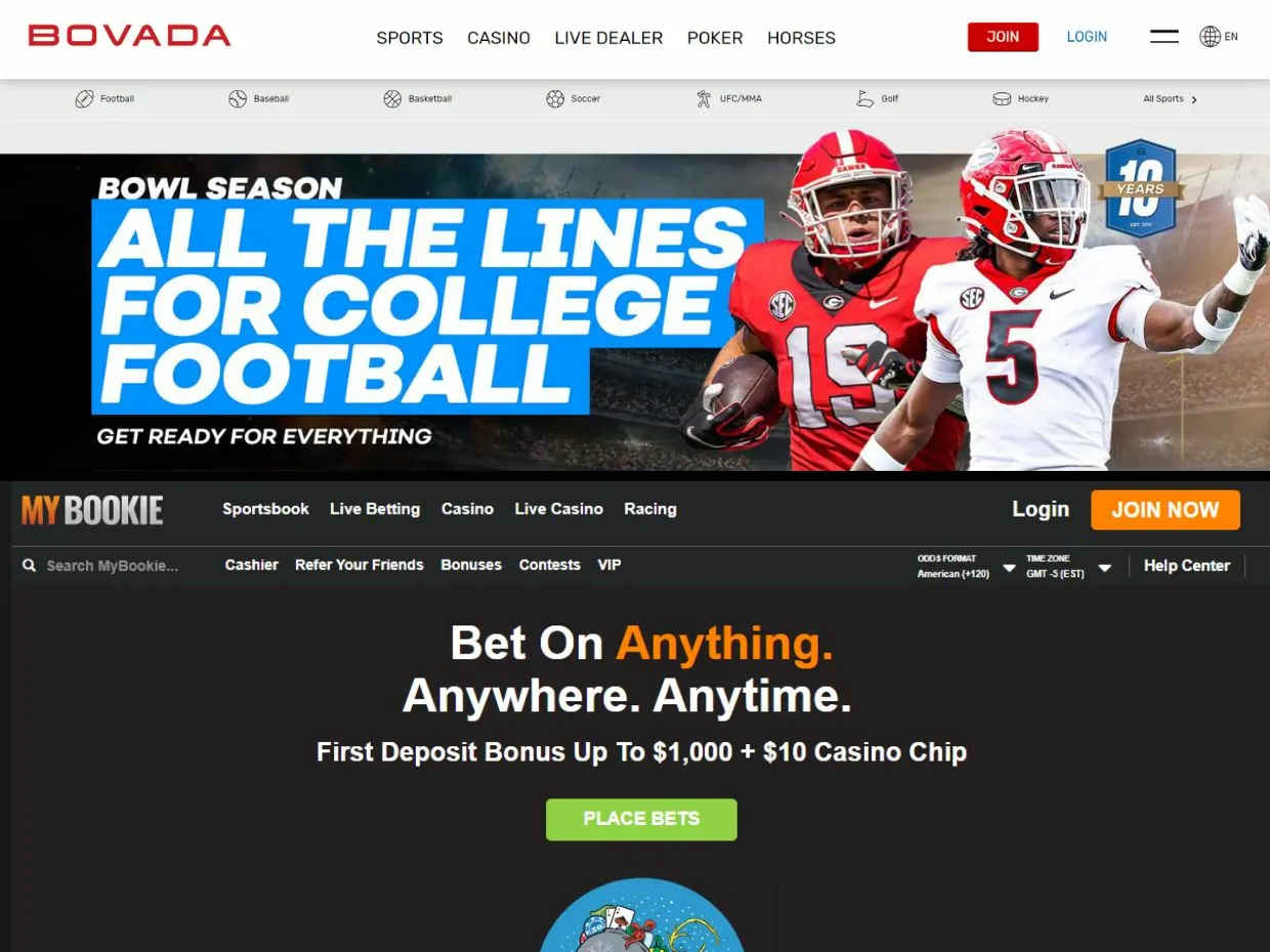 MyBookie and Bovada run on professional websites with neat layouts and easy-to-use user interfaces. Both UIs feature three columns: a left column displaying the available sports categories, a centre column showing the available sports betting markets, and a right column displaying betting slips and other features.