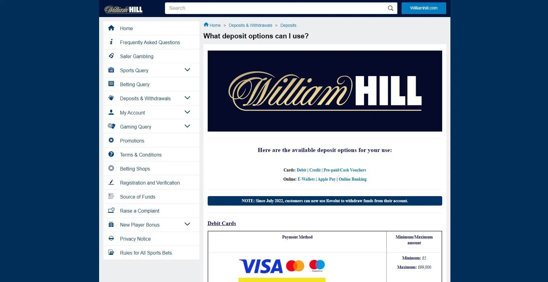 Métodos de Depósito William Hill